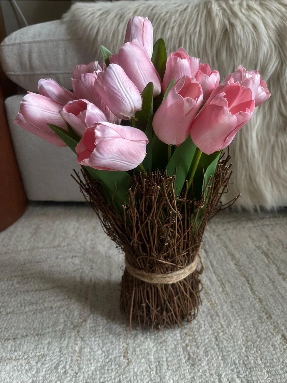 Pink Tulip Bouquet in Rustic Twig Arrangement